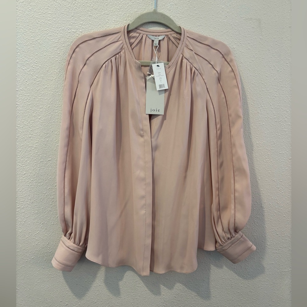 NWT Joie Long Sleeve Aban Blouse Ladder Stitching Pink Sky Blush size Large